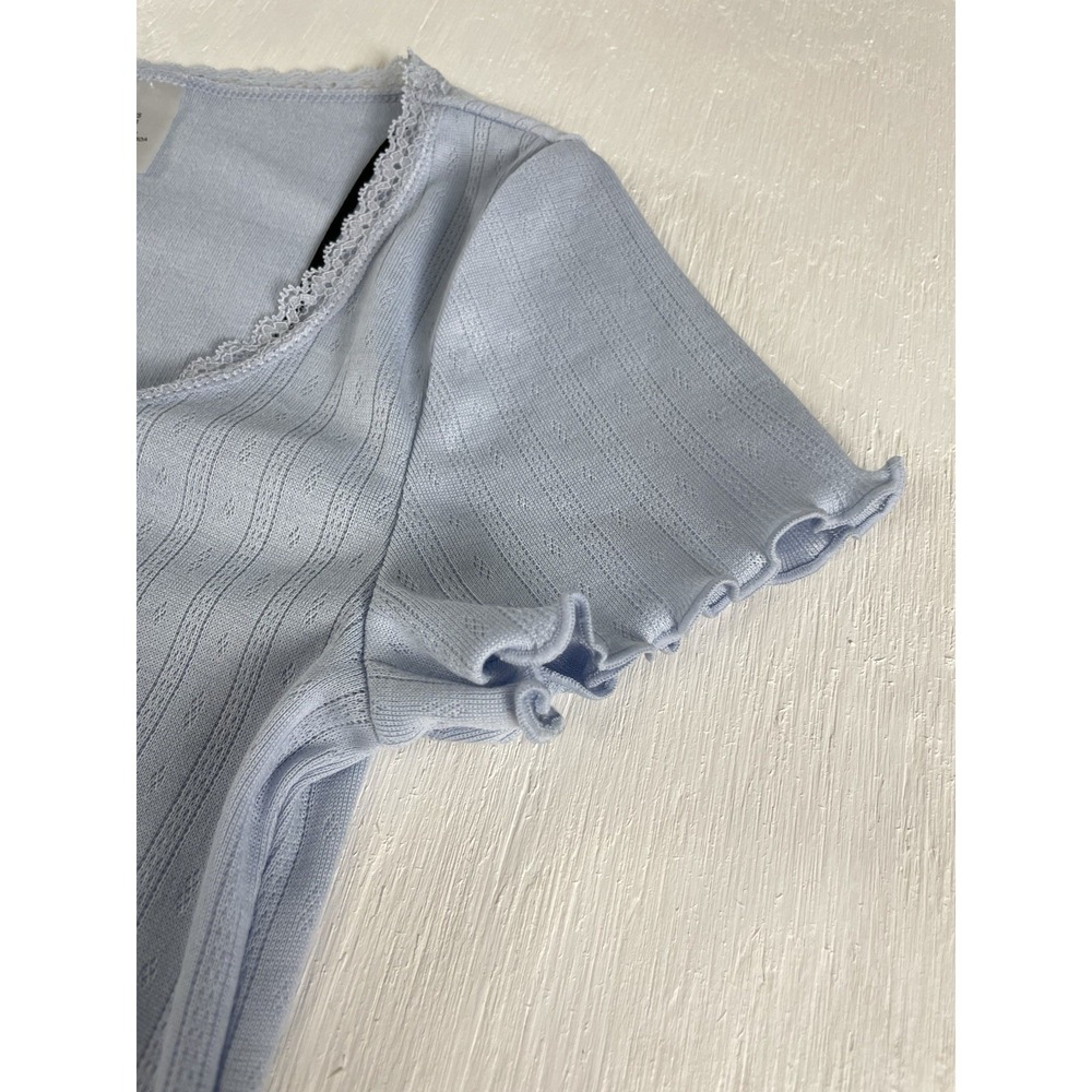 NEW H&M‎ Divided LACE-TRIMMED POINTELLE T-SHIRT Light Baby Blue Women's XS - Picture 4 of 13